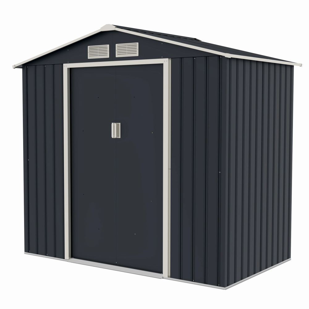 Casuta / magazie de gradina premium metalica MESTERINO Archer-A, Gri/Bej, dimensiuni 213x131x195 cm, cu usi culisante si baza metalica