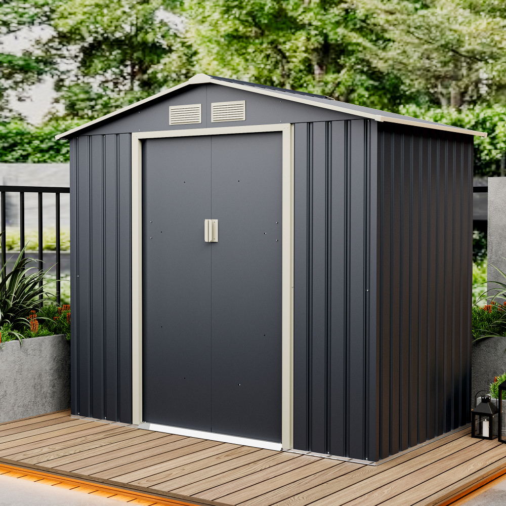 Casuta / magazie de gradina premium metalica MESTERINO Archer-A, Gri/Bej, dimensiuni 213x131x195 cm, cu usi culisante si baza metalica