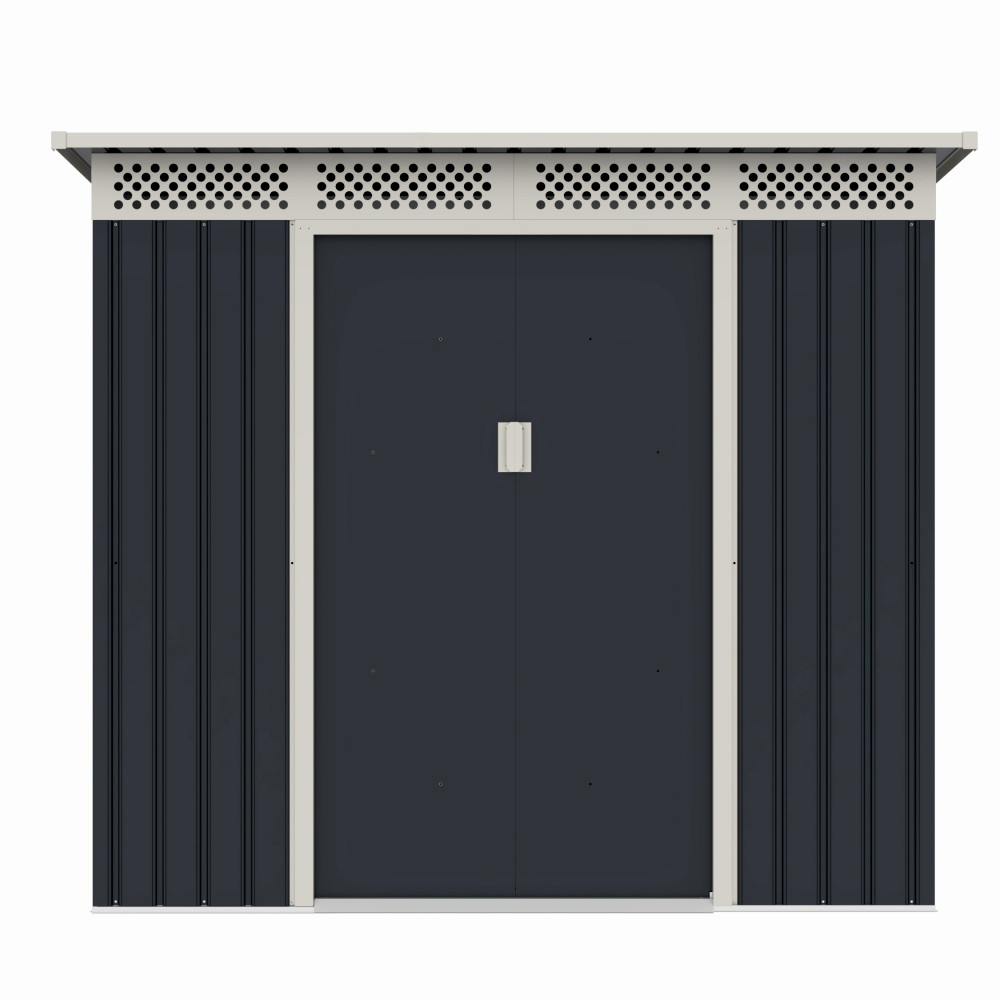 Casuta / magazie de gradina premium metalica, MESTERINO Bella-A, Gri/Bej, dimensiuni 215x142x184 cm, cu usi culisante si baza metalica