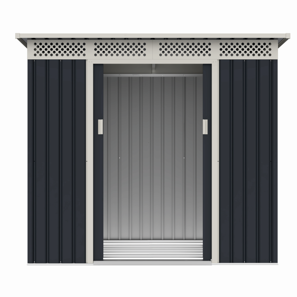 Casuta / magazie de gradina premium metalica, MESTERINO Bella-A, Gri/Bej, dimensiuni 215x142x184 cm, cu usi culisante si baza metalica