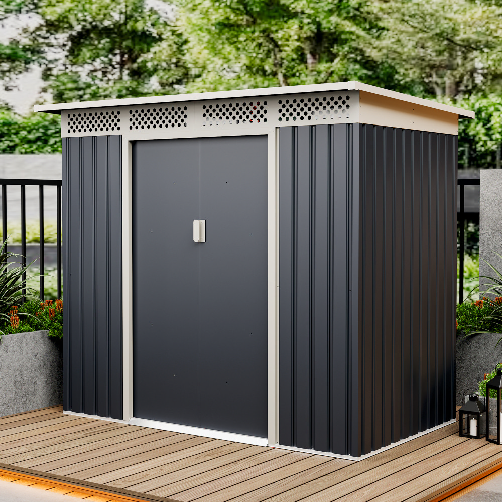 Casuta / magazie de gradina premium metalica, MESTERINO Bella-A, Gri/Bej, dimensiuni 215x142x184 cm, cu usi culisante si baza metalica
