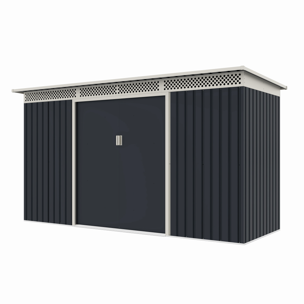 Casuta / magazie de gradina premium metalica, MESTERINO Bella-C, Gri/Bej, dimensiuni 343x142x184 cm, cu usi culisante si baza metalica