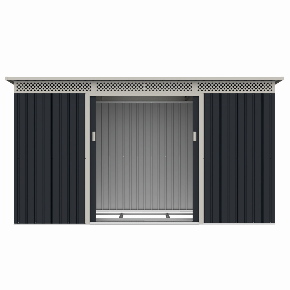 Casuta / magazie de gradina premium metalica, MESTERINO Bella-C, Gri/Bej, dimensiuni 343x142x184 cm, cu usi culisante si baza metalica