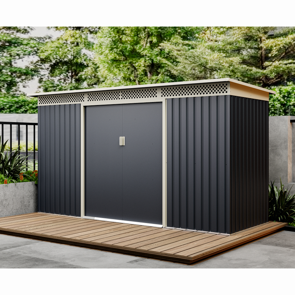 Casuta / magazie de gradina premium metalica, MESTERINO Bella-C, Gri/Bej, dimensiuni 343x142x184 cm, cu usi culisante si baza metalica