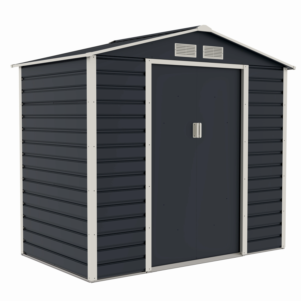 Casuta / magazie de gradina premium metalica, MESTERINO Evan-A, Gri/Bej, dimensiuni 213x131x192 cm, cu usi culisante si baza metalica