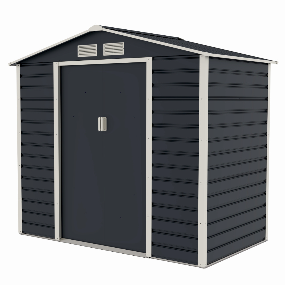 Casuta / magazie de gradina premium metalica, MESTERINO Evan-A, Gri/Bej, dimensiuni 213x131x192 cm, cu usi culisante si baza metalica