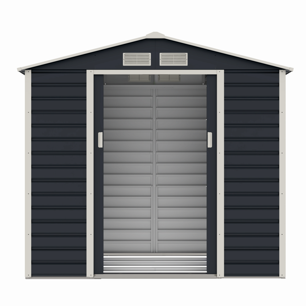 Casuta / magazie de gradina premium metalica, MESTERINO Evan-A, Gri/Bej, dimensiuni 213x131x192 cm, cu usi culisante si baza metalica
