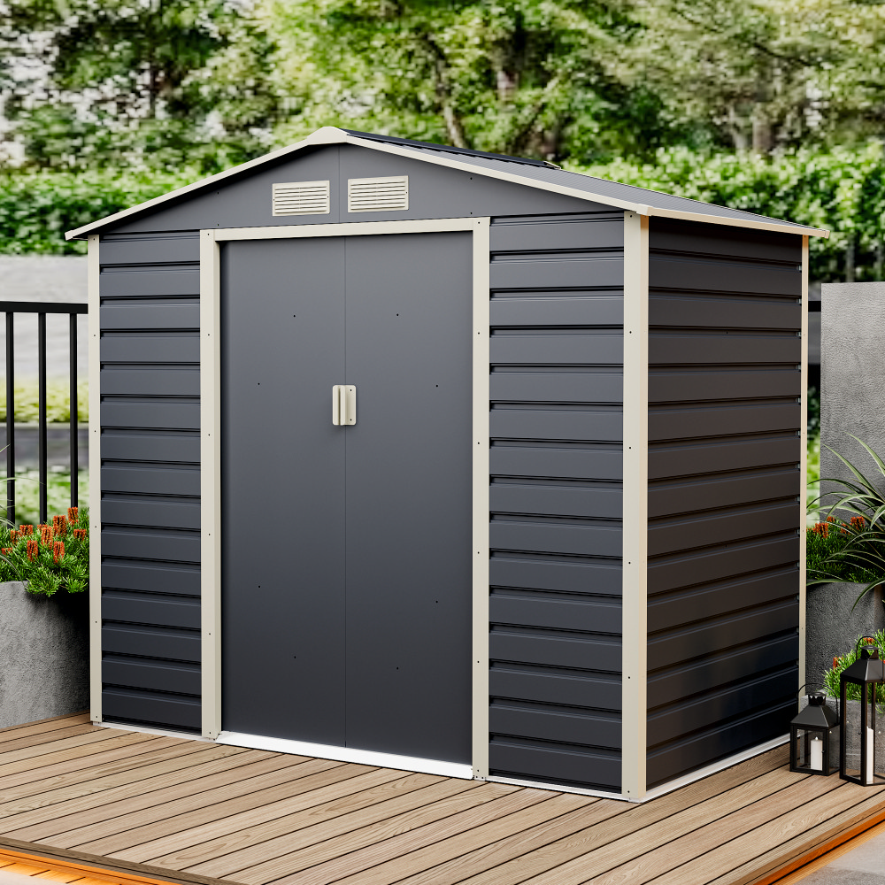 Casuta / magazie de gradina premium metalica, MESTERINO Evan-A, Gri/Bej, dimensiuni 213x131x192 cm, cu usi culisante si baza metalica