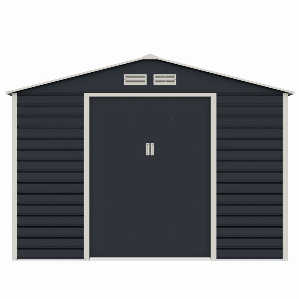 Casuta / magazie de gradina premium metalica, MESTERINO Evan-C, Gri/Bej, dimensiuni 277x195x200 cm, cu usi culisante si baza metalica