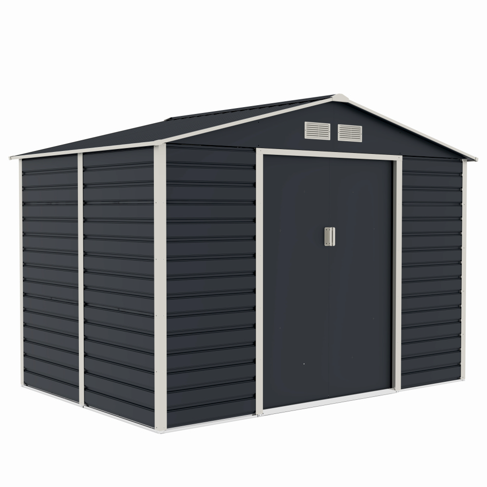 Casuta / magazie de gradina premium metalica, MESTERINO Evan-C, Gri/Bej, dimensiuni 277x195x200 cm, cu usi culisante si baza metalica
