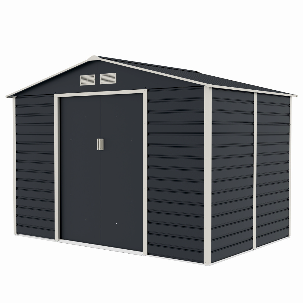 Casuta / magazie de gradina premium metalica, MESTERINO Evan-C, Gri/Bej, dimensiuni 277x195x200 cm, cu usi culisante si baza metalica