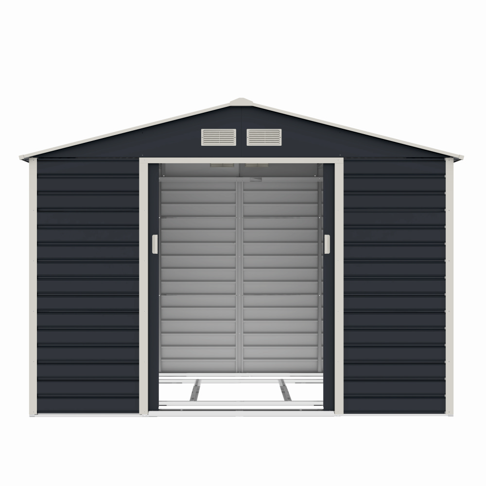 Casuta / magazie de gradina premium metalica, MESTERINO Evan-C, Gri/Bej, dimensiuni 277x195x200 cm, cu usi culisante si baza metalica