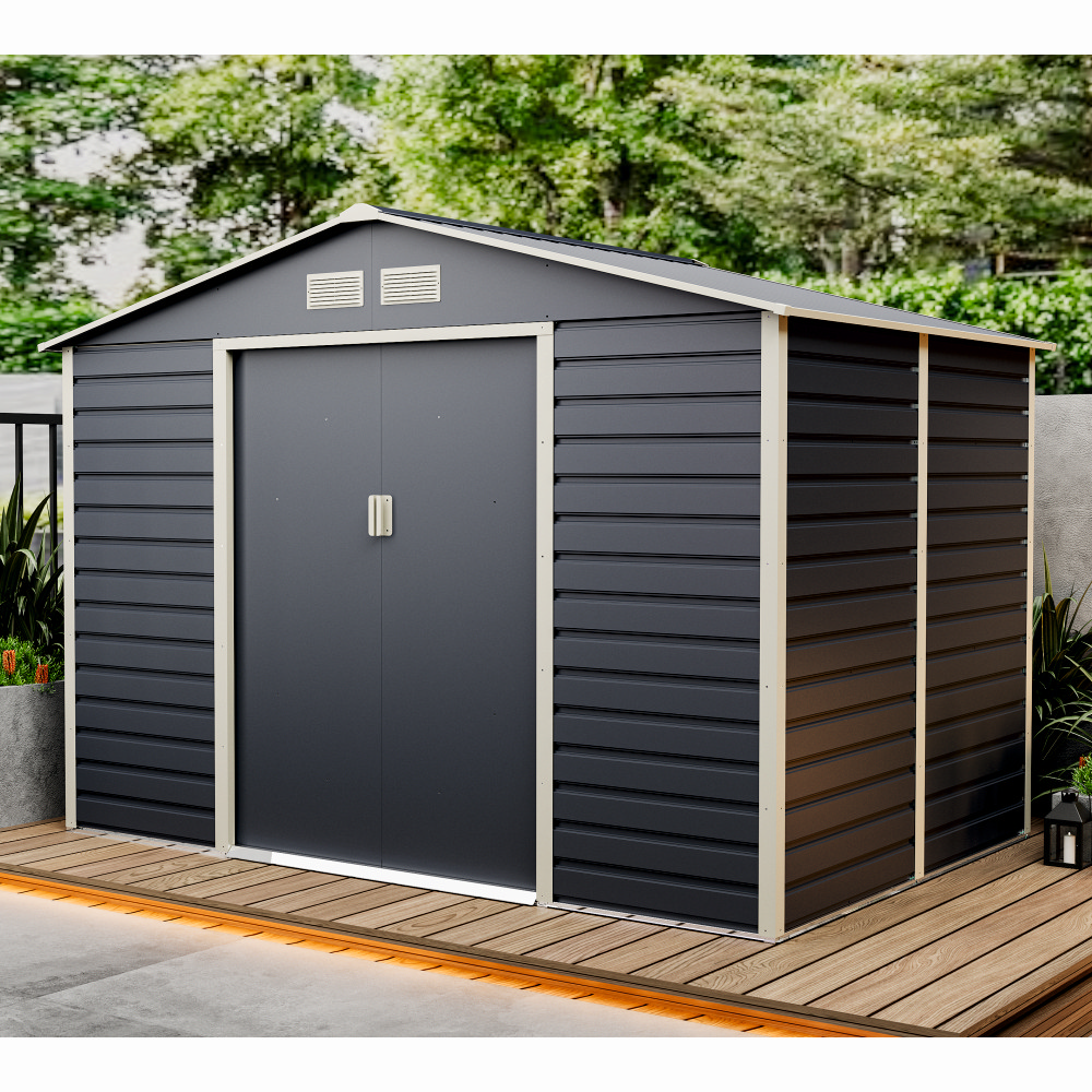 Casuta / magazie de gradina premium metalica, MESTERINO Evan-C, Gri/Bej, dimensiuni 277x195x200 cm, cu usi culisante si baza metalica
