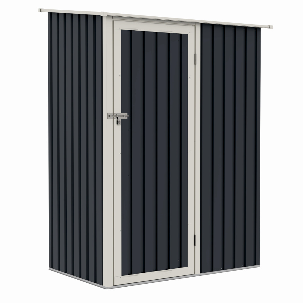 Casuta / magazie de gradina premium metalica, MESTERINO Joy-A, Gri/Bej, dimensiuni 143x89x186 cm, cu usa cu balama si baza metalica