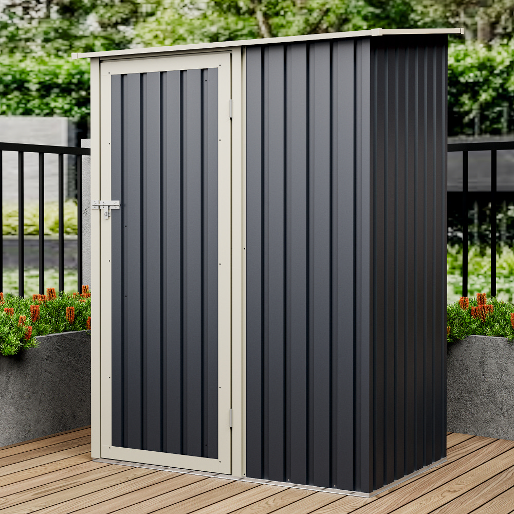Casuta / magazie de gradina premium metalica, MESTERINO Joy-A, Gri/Bej, dimensiuni 143x89x186 cm, cu usa cu balama si baza metalica