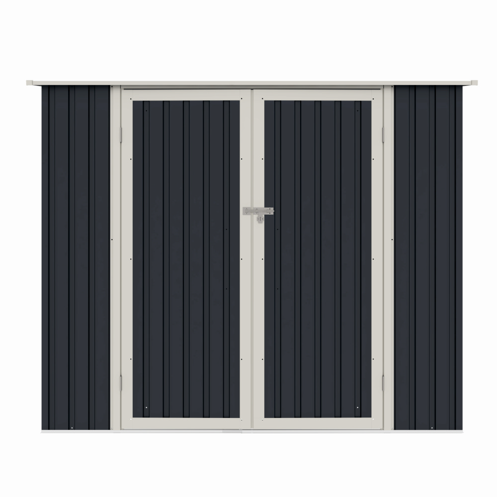 Casuta / magazie de gradina premium metalica, MESTERINO Joy-B, Gri/Bej, dimensiuni 222x149x194 cm, cu usi cu balama si baza metalica