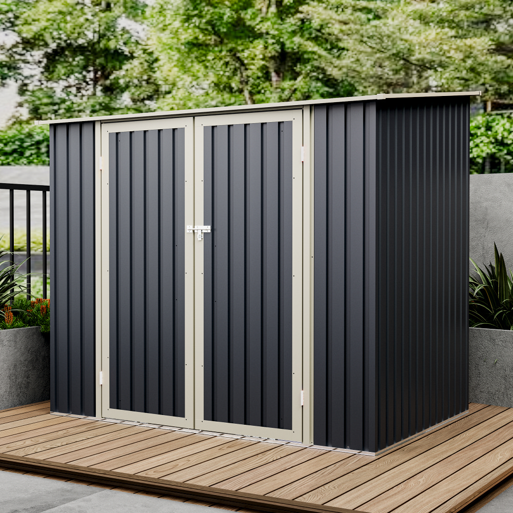 Casuta / magazie de gradina premium metalica, MESTERINO Joy-B, Gri/Bej, dimensiuni 222x149x194 cm, cu usi cu balama si baza metalica