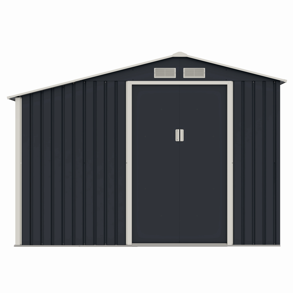 Casuta / magazie de gradina premium metalica, MESTERINO Luke-A, Gri/Bej, dimensiuni 278x131x195 cm, cu usi culisante si baza metalica