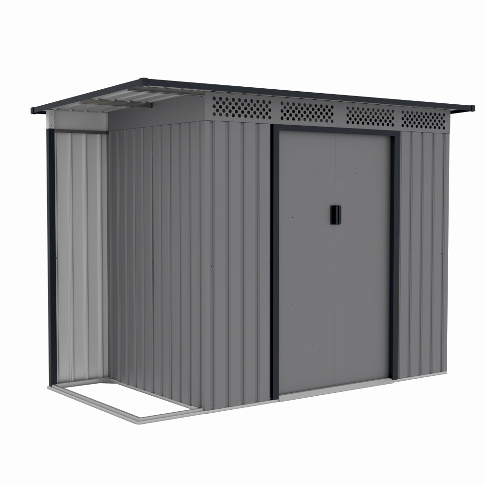 Casuta / magazie de gradina premium metalica, MESTERINO Chester-A, Gri/Bej, dimensiuni 257x142x184 cm, cu usi culisante si baza metalica