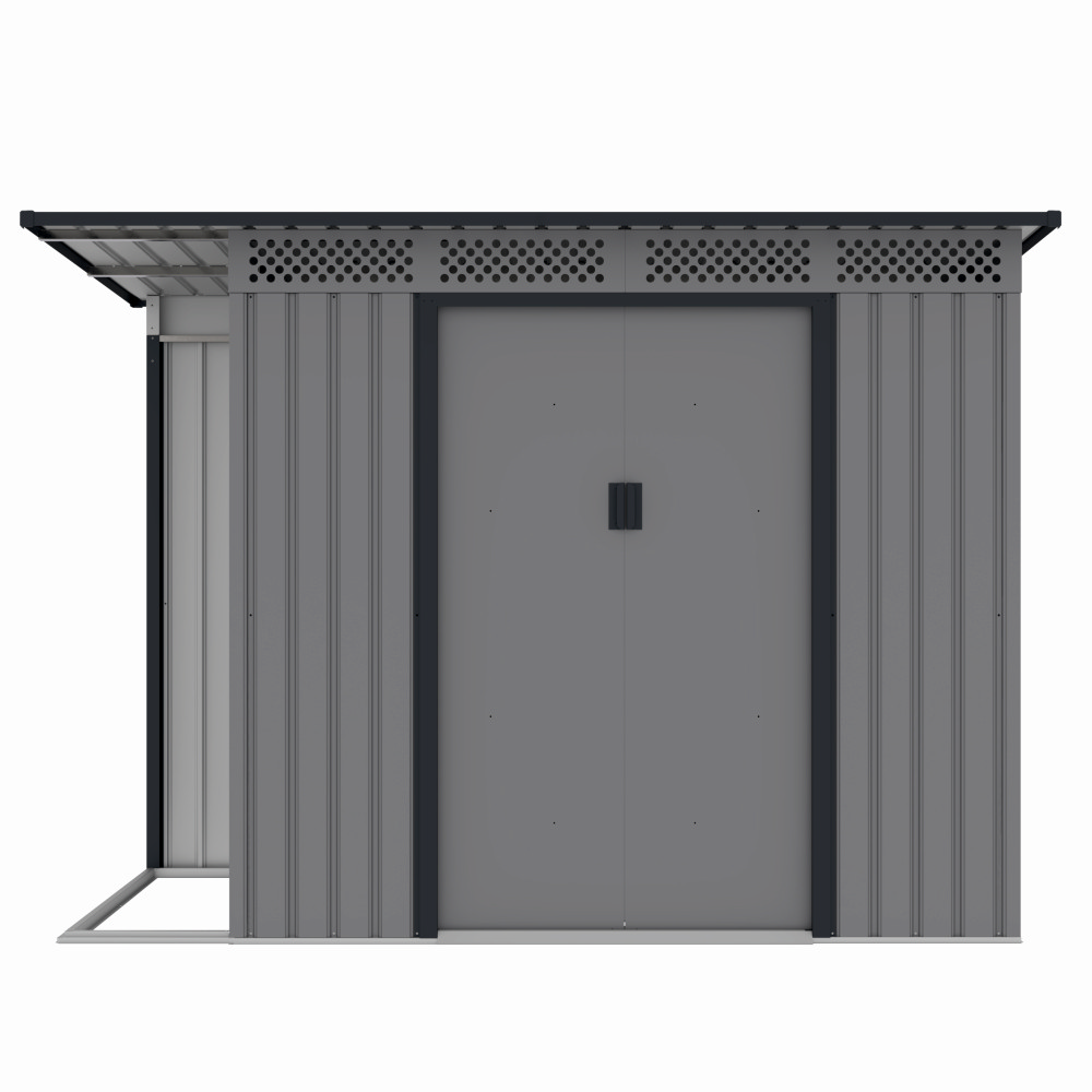 Casuta / magazie de gradina premium metalica, MESTERINO Chester-A, Gri/Bej, dimensiuni 257x142x184 cm, cu usi culisante si baza metalica