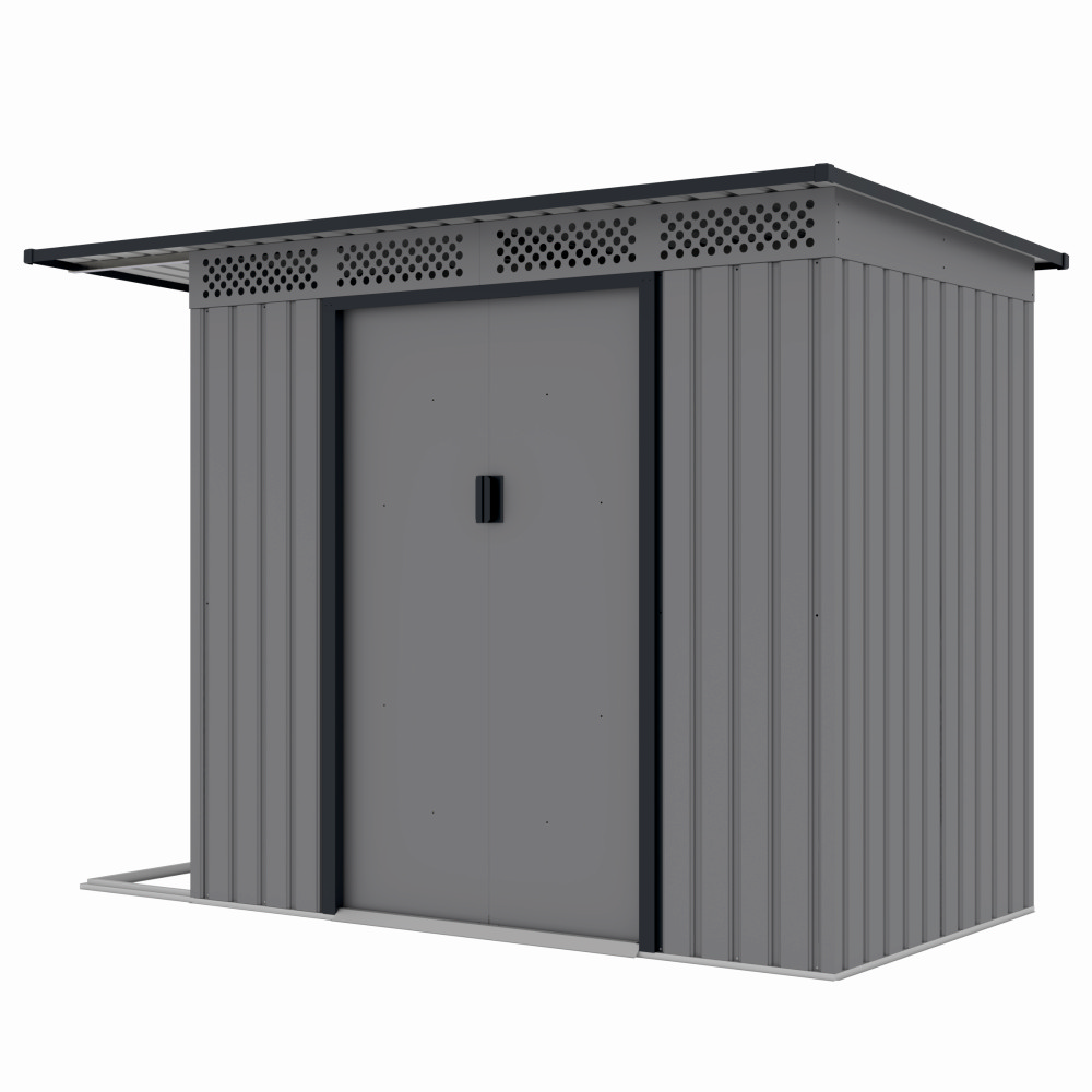Casuta / magazie de gradina premium metalica, MESTERINO Chester-A, Gri/Bej, dimensiuni 257x142x184 cm, cu usi culisante si baza metalica