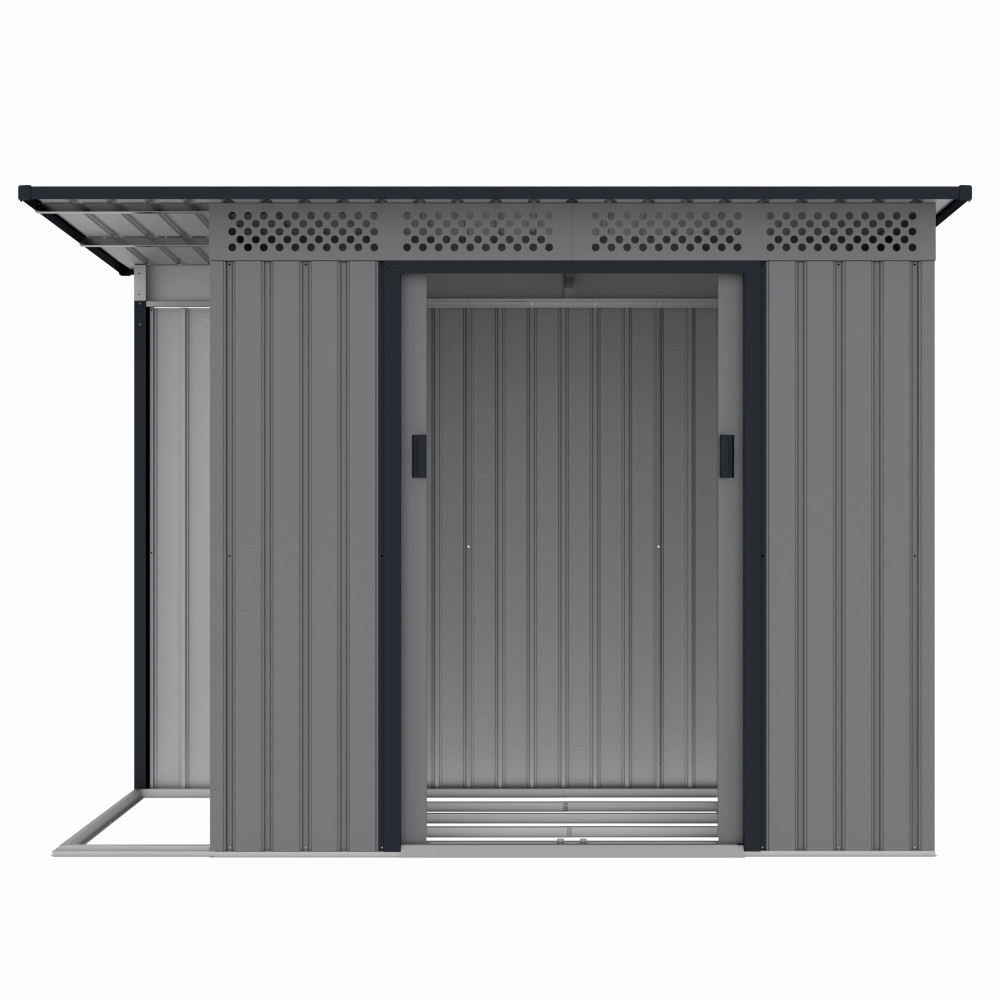 Casuta / magazie de gradina premium metalica, MESTERINO Chester-A, Gri/Bej, dimensiuni 257x142x184 cm, cu usi culisante si baza metalica