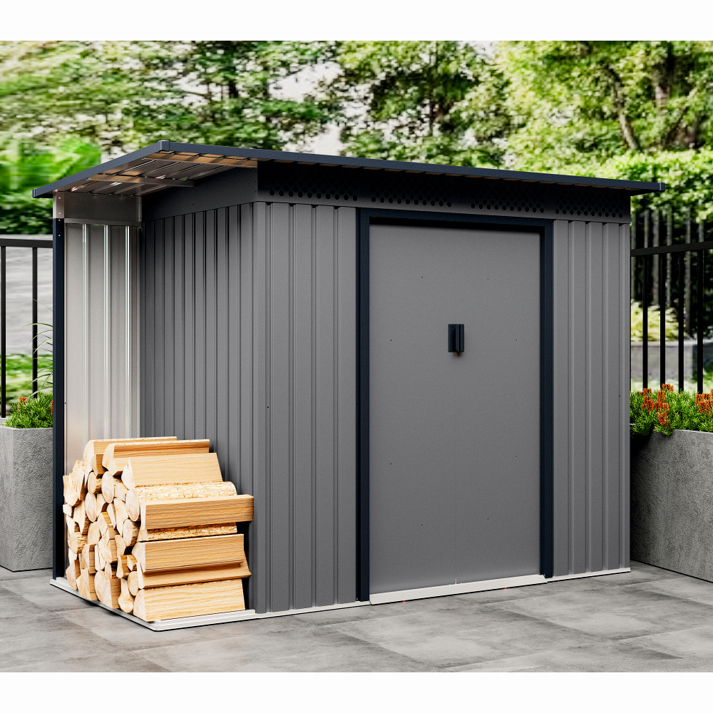 Casuta / magazie de gradina premium metalica, MESTERINO Chester-A, Gri/Bej, dimensiuni 257x142x184 cm, cu usi culisante si baza metalica