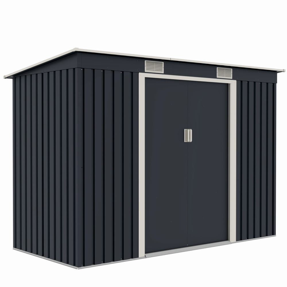 Casuta / magazie de gradina premium metalica, MESTERINO S2001-B, Gri/Bej, dimensiuni 261x121x176 cm, cu usi culisante si baza metalica