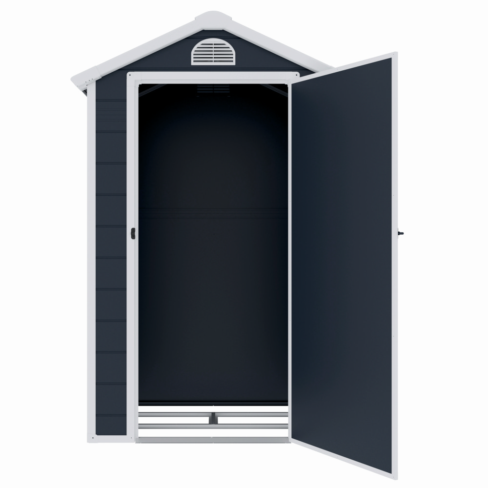 Casuta / magazie de gradina premium, panel plastic si ranforsare metal, MESTERINO AVE-A, Gri/Bej, dimensiuni 134x104x204 cm, usa cu balama, baza metalica