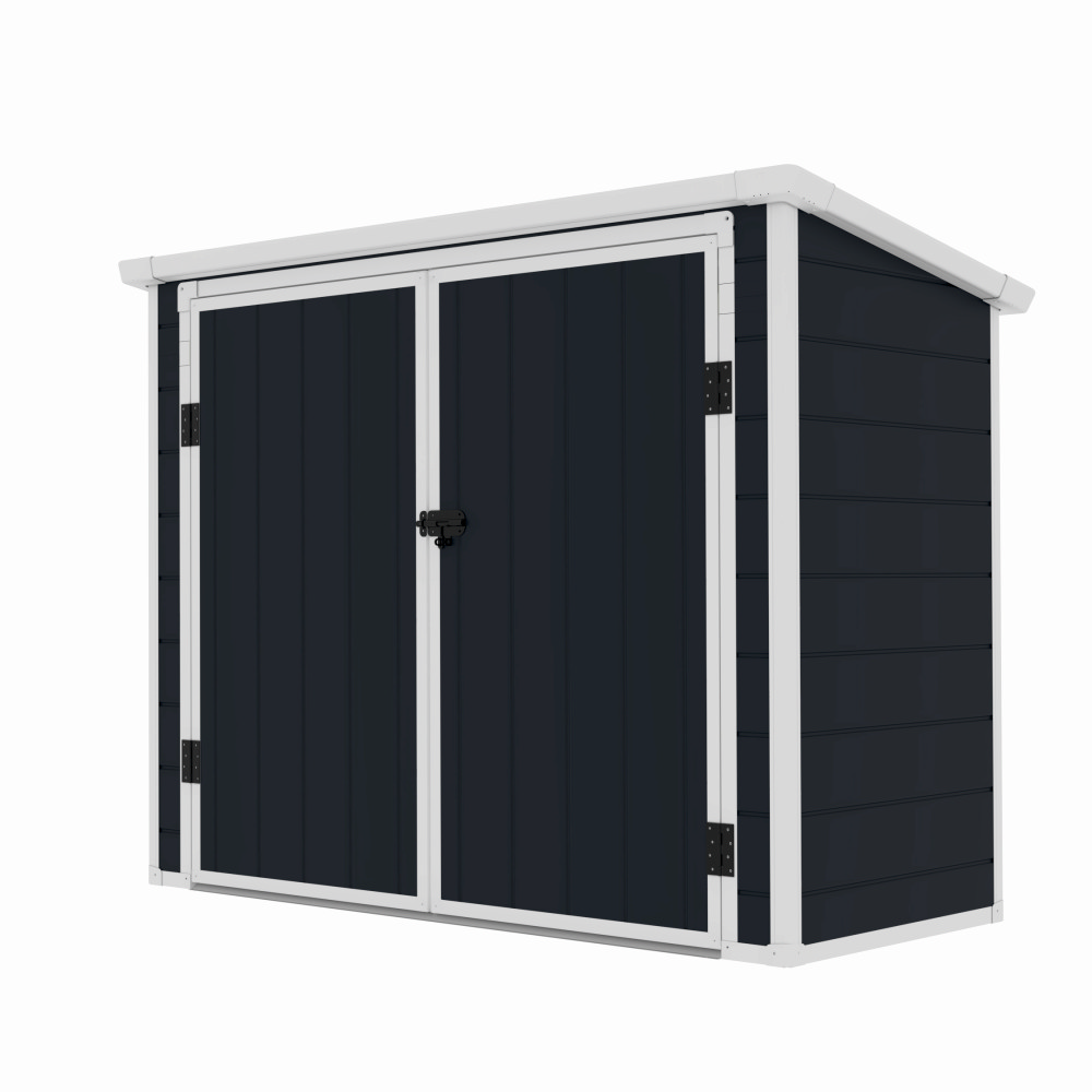 Casuta / magazie de gradina premium, panel plastic si ranforsare metal, MESTERINO Colin-A, Gri/Bej, dimensiuni 199x90x149 cm, usi cu balama, baza metalica