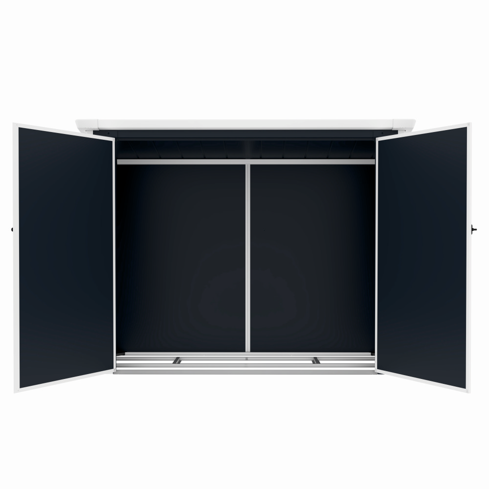Casuta / magazie de gradina premium, panel plastic si ranforsare metal, MESTERINO Colin-A, Gri/Bej, dimensiuni 199x90x149 cm, usi cu balama, baza metalica