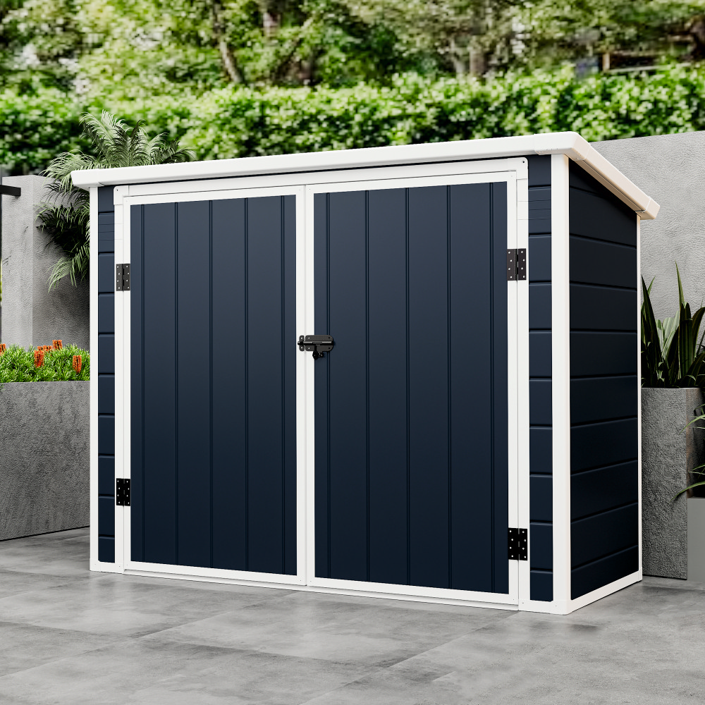 Casuta / magazie de gradina premium, panel plastic si ranforsare metal, MESTERINO Colin-A, Gri/Bej, dimensiuni 199x90x149 cm, usi cu balama, baza metalica
