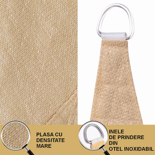 Umbrar/prelata de soare triunghi din PE, MESTERINO PE180363636 3,6 m X 3,6 m X 3,6 m, densitate 180g/mp, culoare bej, protectie UV