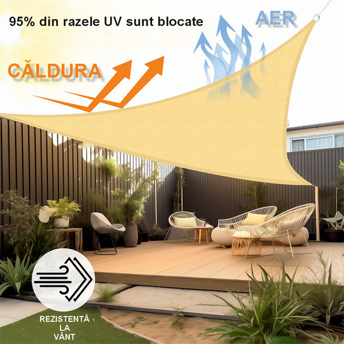 Umbrar/prelata de soare triunghi din PE, MESTERINO PE180363636 3,6 m X 3,6 m X 3,6 m, densitate 180g/mp, culoare bej, protectie UV