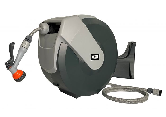 Furtun cu tambur TEXAS 480090015541, 25 m, retractabil, mobil, 1/2 inch, dispozitiv stropit inclus, max 8 bar, accesorii fixare