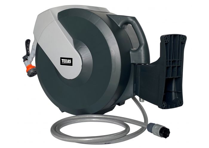 Furtun cu tambur TEXAS 480090015541, 25 m, retractabil, mobil, 1/2 inch, dispozitiv stropit inclus, max 8 bar, accesorii fixare