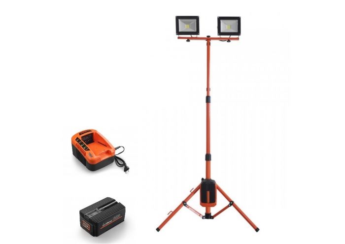 Stand cu proiectoare LED Redback EXPERTED40, 2 x 20 W, 6000 k, 2000 lm, cu acumulator 40 V, 6 Ah si incarcator 40 V, 5 A