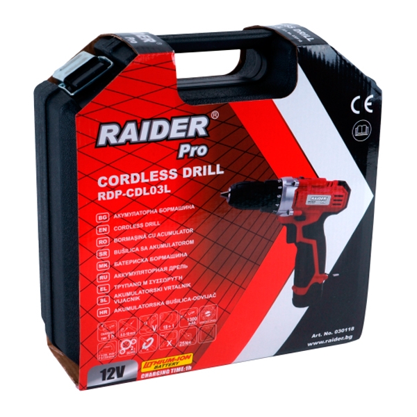 Masina de gaurit si insurubat cu 1 acumulator, RAIDER RDP-CDL03L 030118, Li-Ion, 12 V, 1.3 Ah, 25 Nm, led iluminare, valiza plastic, accesorii