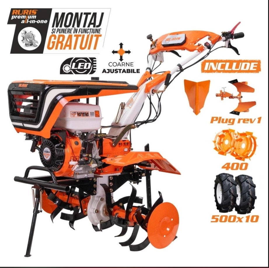 Motosapa RURIS 751KS, 8.5 CP, latime lucru 900 mm, adancime lucru 360 mm, rarita, plug reversibil, roti cauciuc si metalice 400 fara manicot