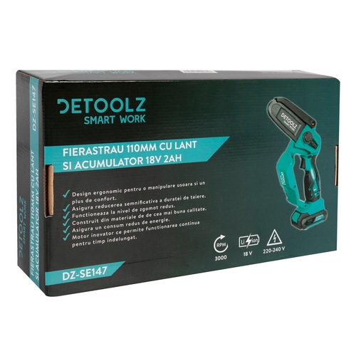 Fierastrau Detoolz, DZ-SE147, 110 mm cu lant si acumulator 18 V 2 Ah