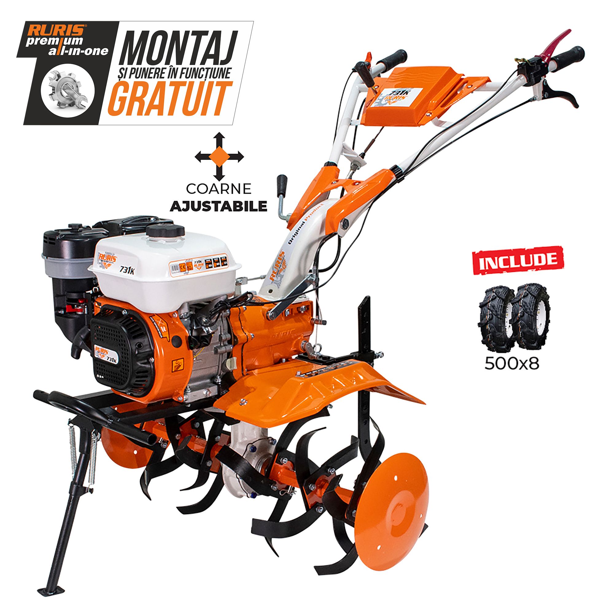 Motosapatoare RURIS 731k Start, motor benzina, 4 timpi, 8.5 CP, latime maxima de lucru 830 mm, adancime de lucru 340 mm, cu roti cauciuc 5.00-8