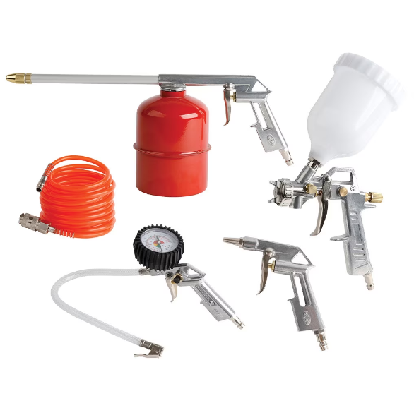 Set 5 accesorii compresor VILLAGER VAT S5 5/1, Pistol de vulcanizare, Pistol vopsit, Suflanta, Lubrifiant, Furtun pneumatic