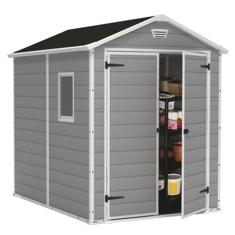 Casuta de gradina KETER Manor 6x8 17197129, cu usa dubla, material composit rasini, gri