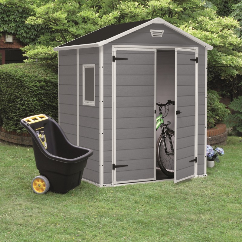 Casuta de gradina KETER Manor 6x8 17197129, cu usa dubla, material composit rasini, gri