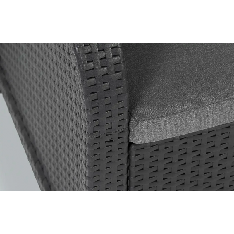 Set mobilier pentru balcon KETER Rosalie 249588, imitatie ratan, masa patrata cu 4 picioare, 2 fotolii, 2 perne, grafit, material polipropilena