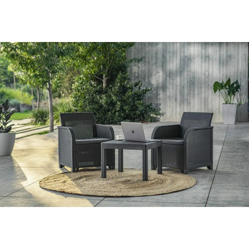 Set mobilier pentru balcon KETER Rosalie 249588, imitatie ratan, masa patrata cu 4 picioare, 2 fotolii, 2 perne, grafit, material polipropilena