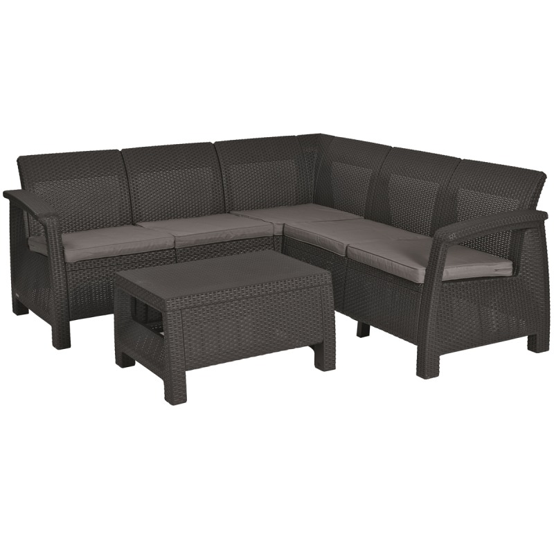 Set mobilier gradina KETER Corfu Relax II 09168-939-00, canapea 4-5 locuri, masa dreptunghiulara, imitatie ratan, cu perne, grafit, polipropilena