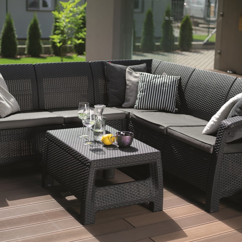 Set mobilier gradina KETER Corfu Relax II 09168-939-00, canapea 4-5 locuri, masa dreptunghiulara, imitatie ratan, cu perne, grafit, polipropilena
