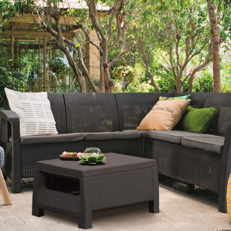 Set mobilier gradina KETER Corfu Relax II 09168-939-00, canapea 4-5 locuri, masa dreptunghiulara, imitatie ratan, cu perne, grafit, polipropilena