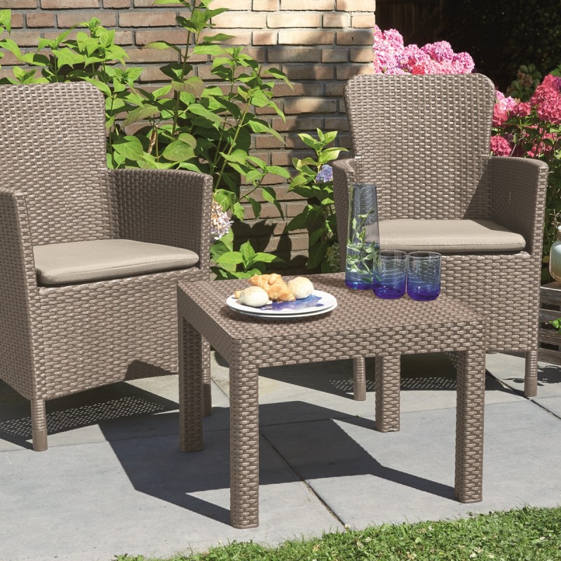 Set mobilier gradina KETER Salvador 219451, masa patrata, 2 fotolii, 2 perne, cappuccino, material polipropilena